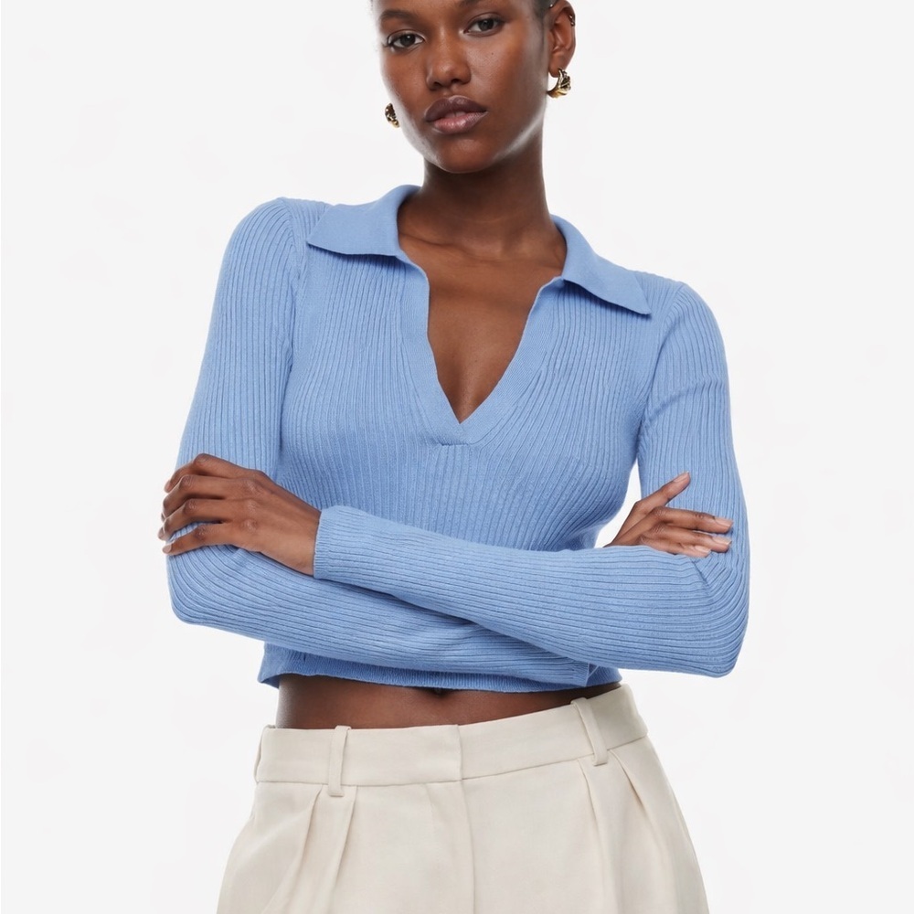 Aritzia Babaton Sculpt Knit Polo Longsleeve Blue